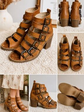 Free people leather gladiator heels size 8 boho strappy buckle sandals
